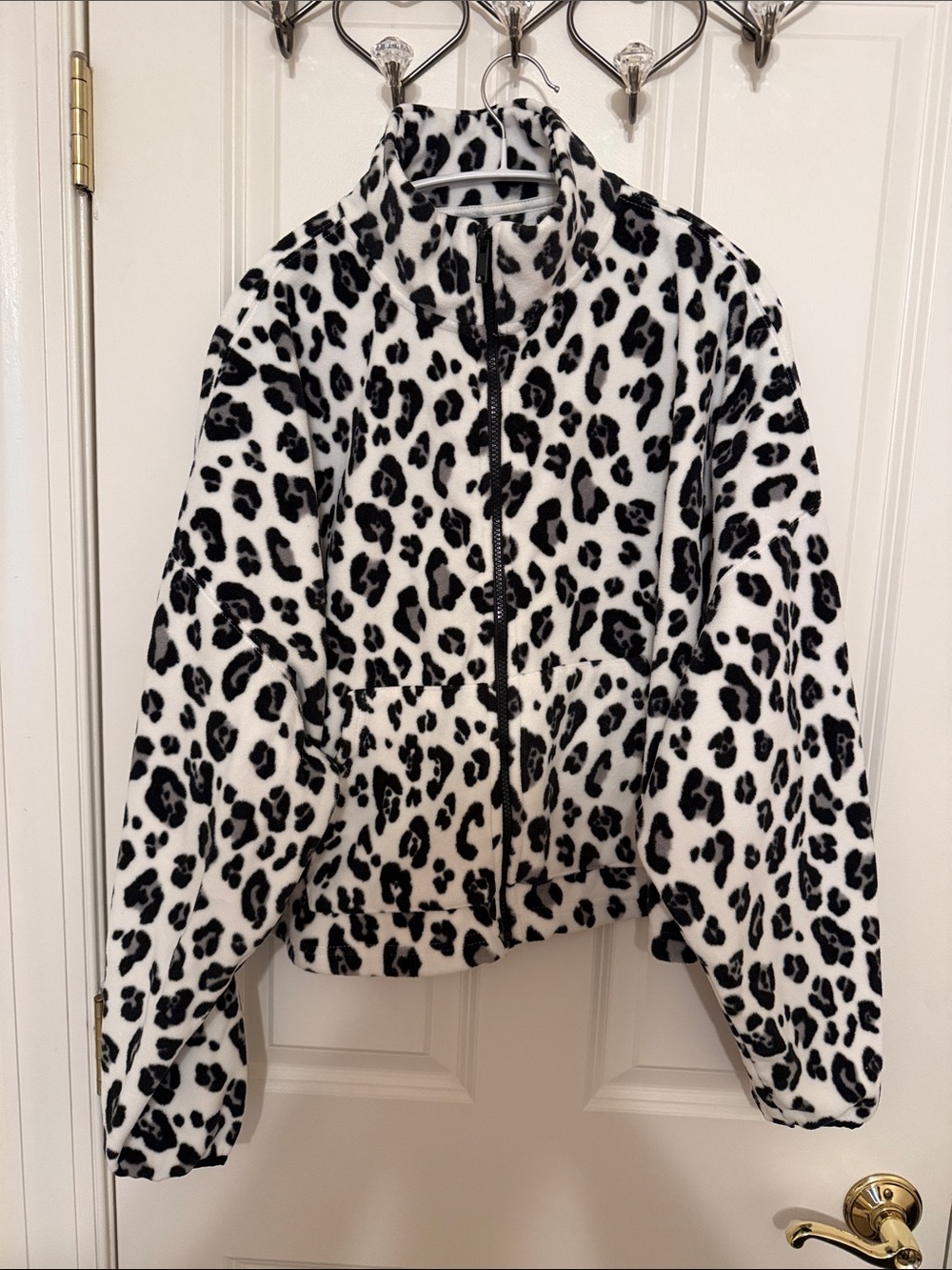 Fabletics Black & White Leopard-Print Teddy Jacket